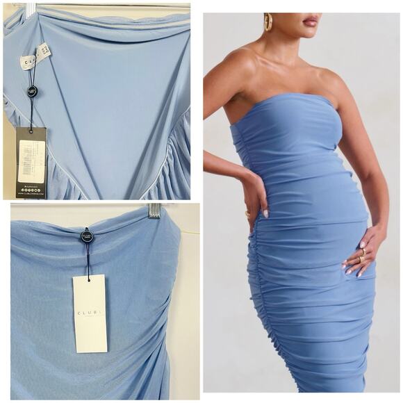 NWT CLUB L LONDON Maternity Blue Strapless Bodycon Ruched Mesh Midi Dress US 8 - Picture 9 of 11